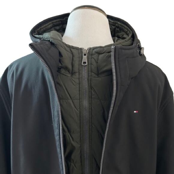 EUC Tommy Hilfiger Black/Green Soft-Shell Hooded Bomber Jacket with Bib. Size M. - Picture 4 of 10